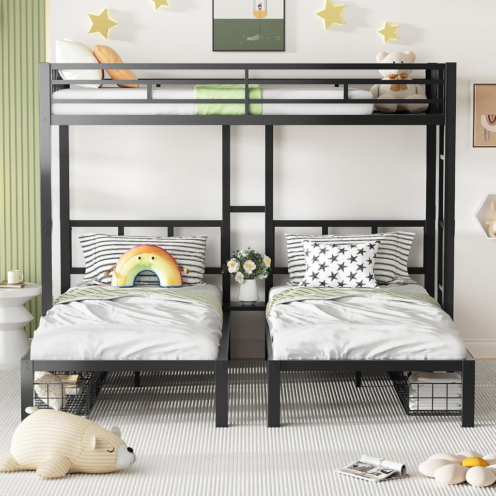 PVWIIK Heavy-Duty Triple Bunk Bed with 2 Storage Drawers & USB Charging Station,LED Triple Bunk Bed Frame with Built-in Ladder & Full-Length Guardrails,Easy to Assemble,Space Saving, Black