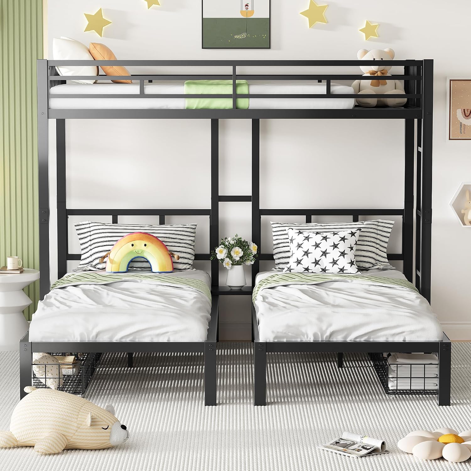 PVWIIK Heavy-Duty Triple Bunk Bed with 2 Storage Drawers & USB Charging Station,LED Triple Bunk Bed Frame with Built-in Ladder & Full-Length Guardrails,Easy to Assemble,Space Saving, Black