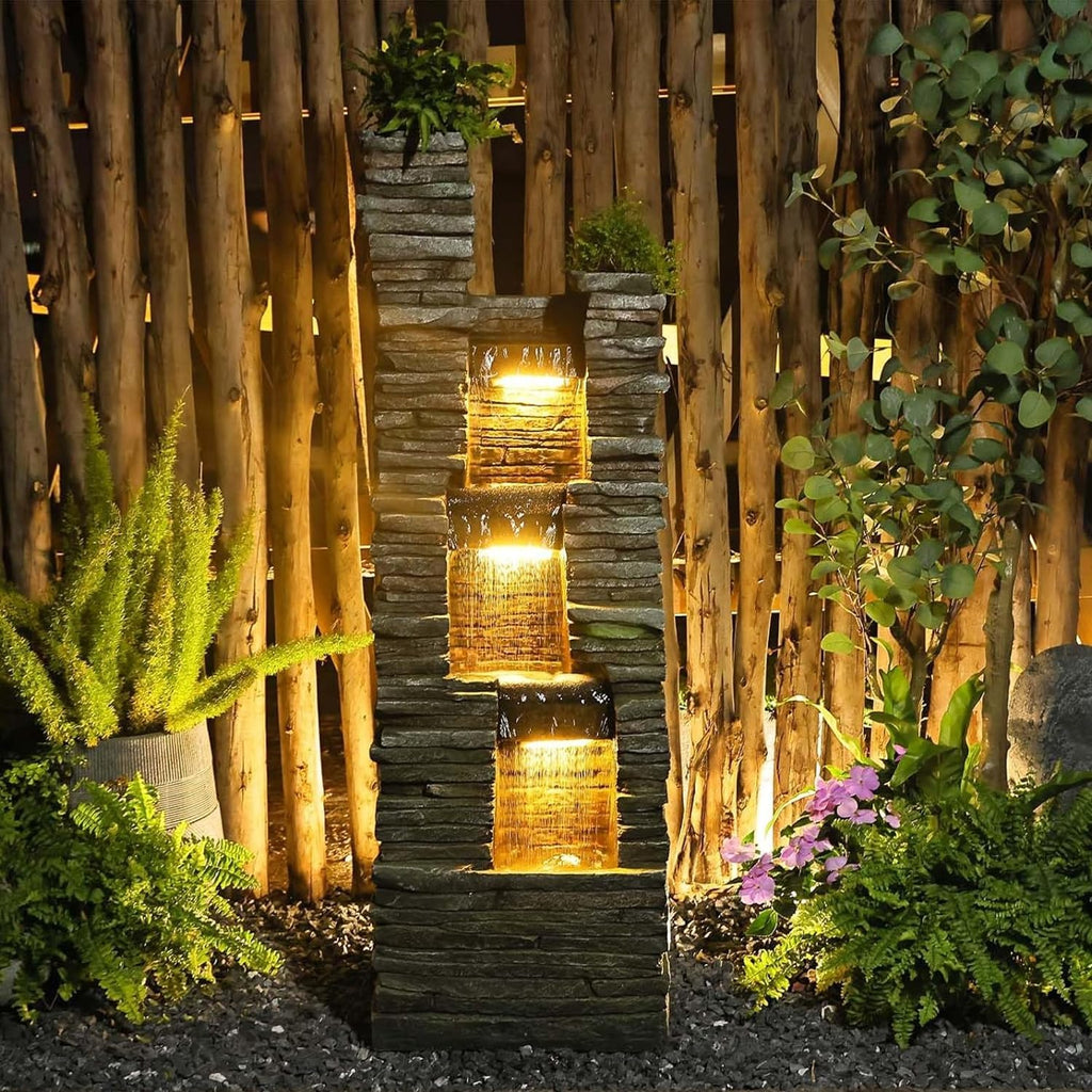 Bumilgar 47' H Garden Water Fountain Outdoor with LED Lights & Pump, 3-Tier Cascading Outdoor Fountain for Garden,Patio,Porch,Backyard,Home Art Decor (Gray)