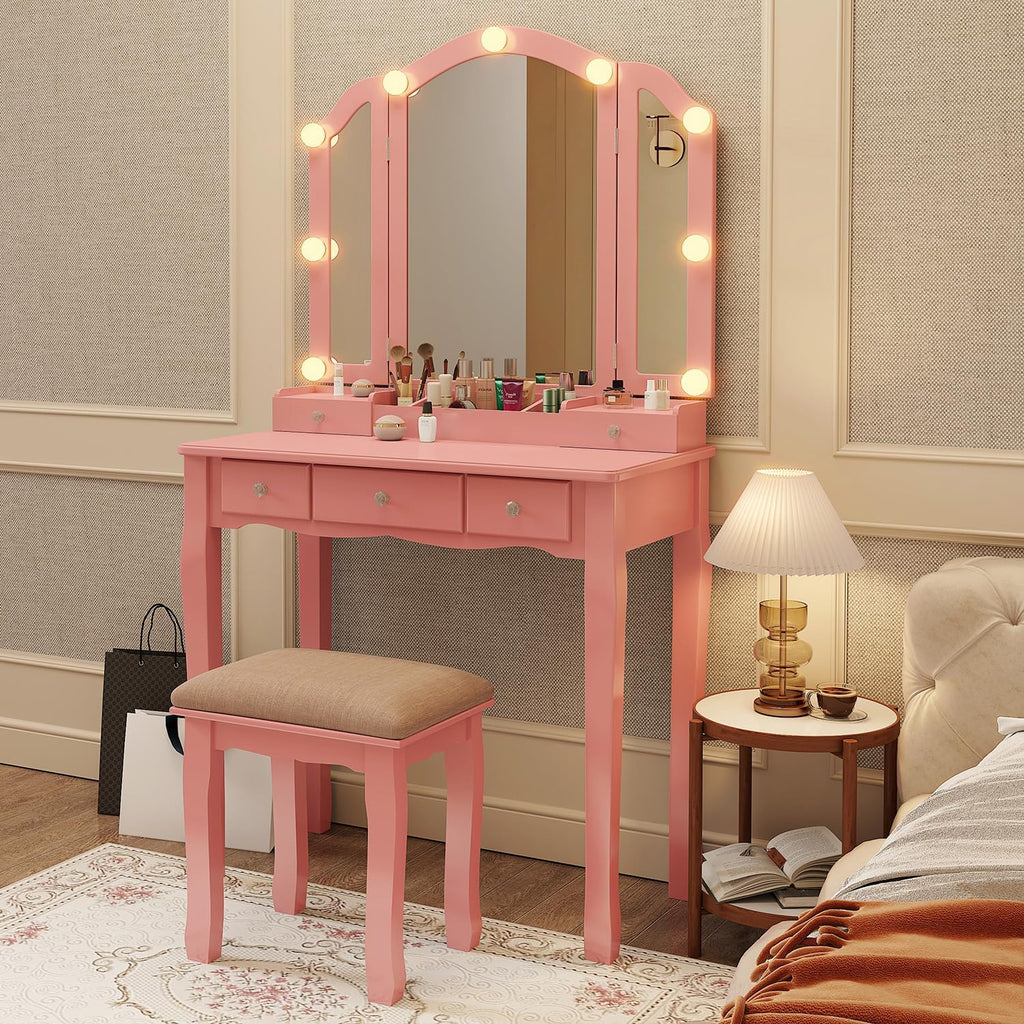 YIXHQ Vanity with Lights Girls Vanity Desk Set with Drawers Makeup Vanity Desk with Mirror and Lights Make Up Pink Makeup Vanity for Girls Table with Stool