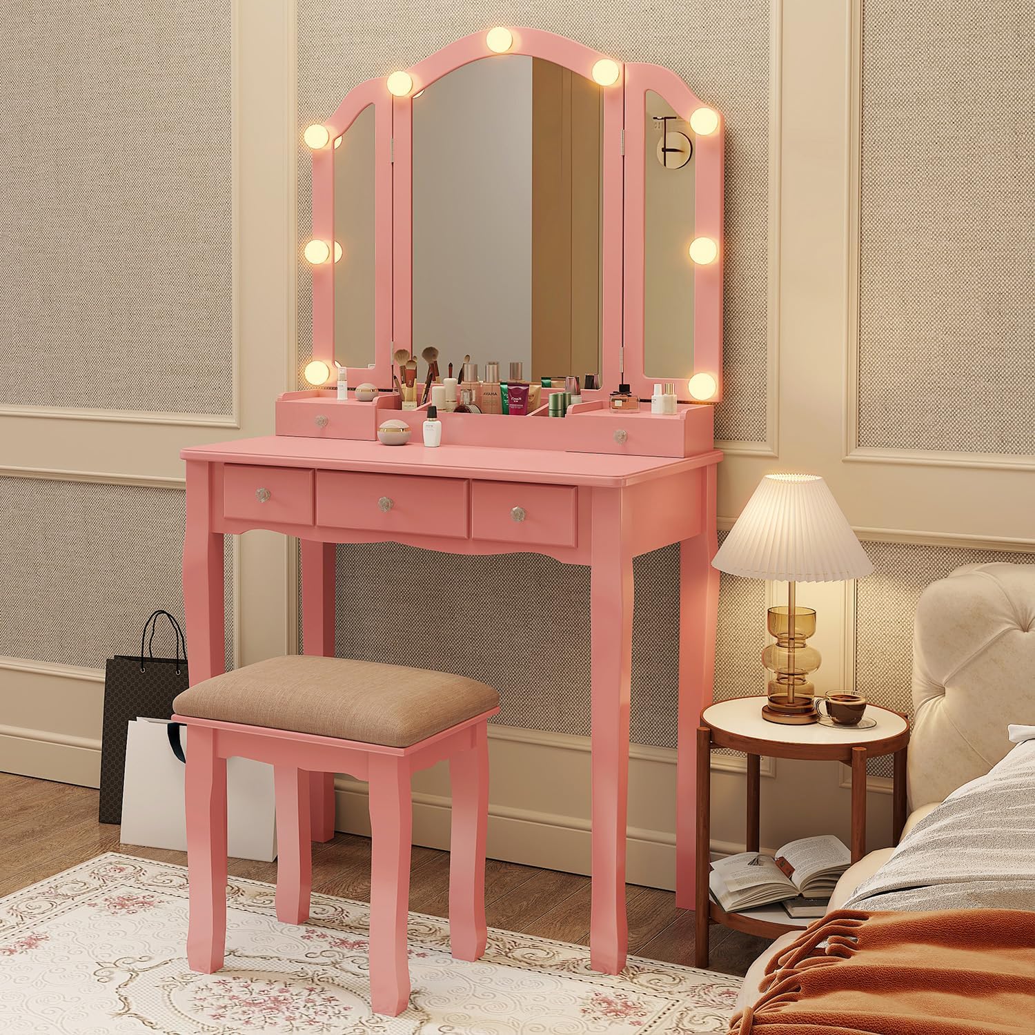 YIXHQ Vanity with Lights Girls Vanity Desk Set with Drawers Makeup Vanity Desk with Mirror and Lights Make Up Pink Makeup Vanity for Girls Table with Stool