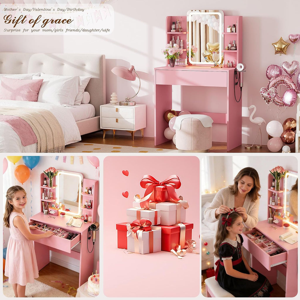 Vanity Desk with Mirror and Lights, Small Makeup Vanity Desk with Storage Drawer,3 Lighting Moders & Adjustable Brightness,Compact Dressing Table with 3-Tier Open Shelf for Girls Women Bedroom(Pink)