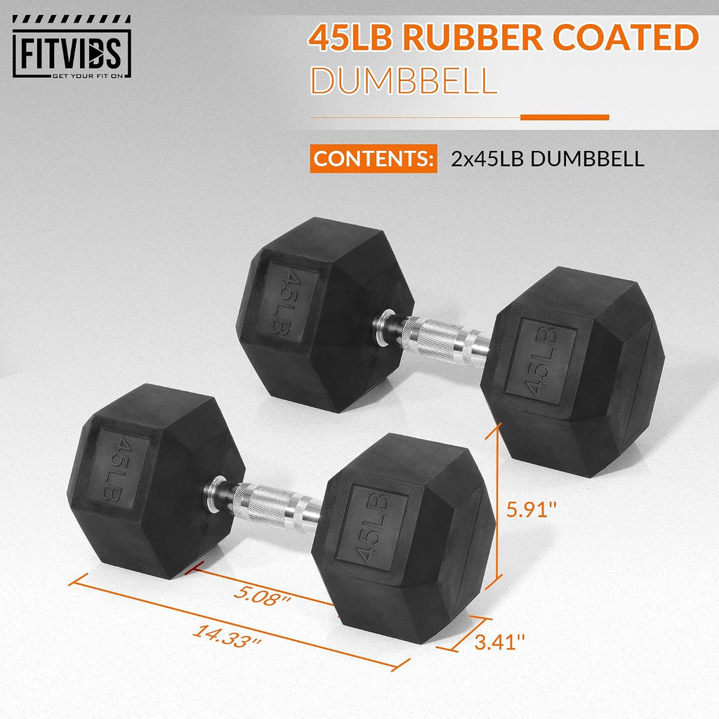 Fitvids Hex Dumbbells Rubber Coated Hand Weights for Exercises and Fitness Home Gym, 5-50 LB Pair