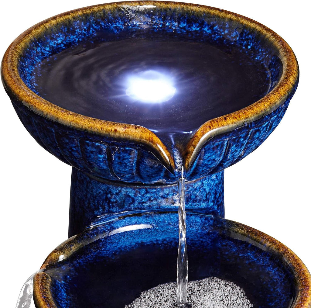 3-Bowl 26 3/4' High Large Modern Outdoor Decor Blue Cobalt Ceramic Floor Fountain with Light LED Standing Waterfall Tiered Water Feature for Outside Garden Patio Yard Backyard - John Timberland