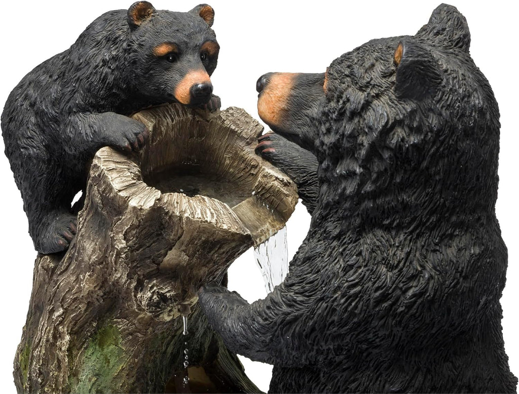 Alpine Corporation USA1132 Indoor/Outdoor Floor Bear and Cub on Log Fountain, Playful Bear and Cub Garden Fountain 26', Black