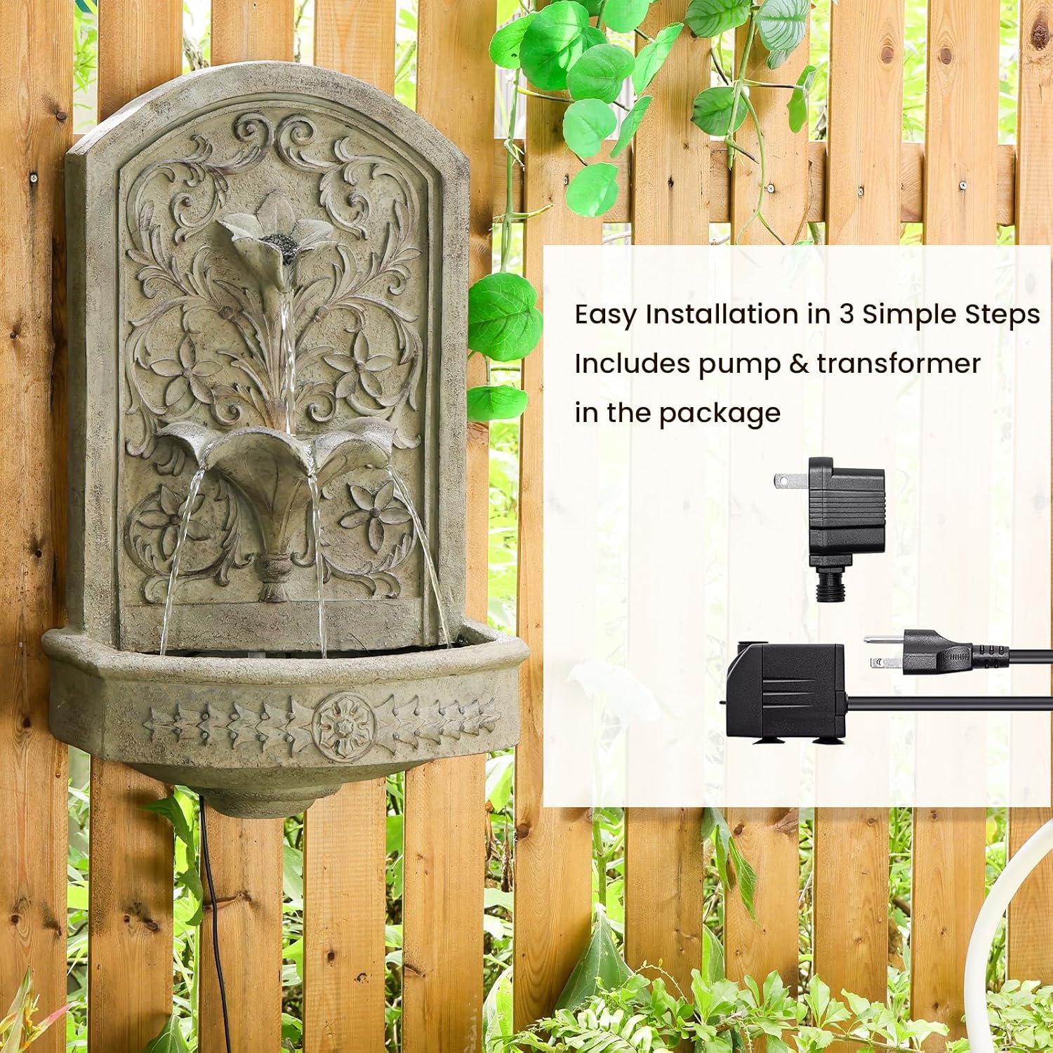 Vintage Wall-Mounted Outdoor Fountain, 28.3' H Resin Garden Water Feature with Floral Carving, Decorative Antique Wall Waterfall for Patio, Yard, Porch & Home Décor