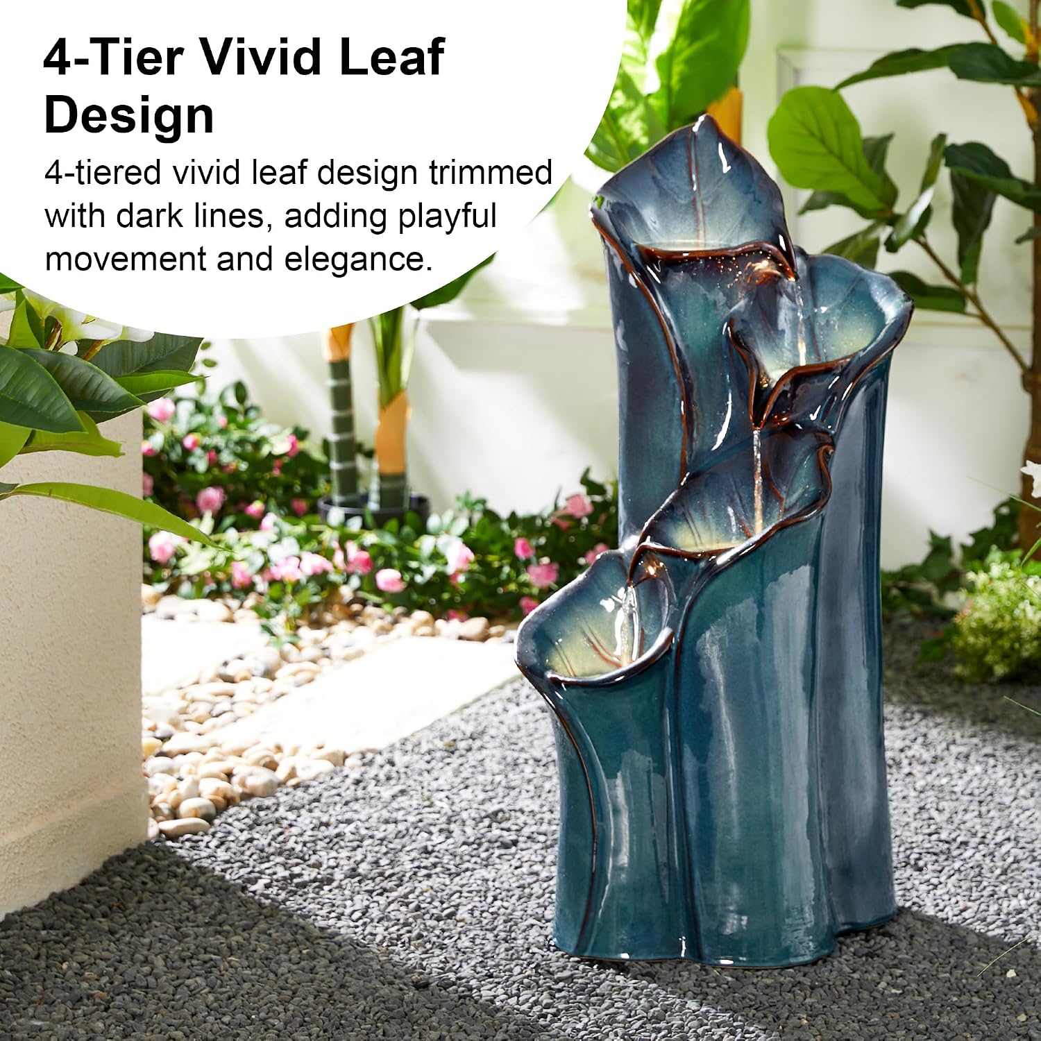 Glitzhome 31.25' H Outdoor Water Fountain with LED Lights and Pump, 4 Tier Turquoise Lotus Leaf Textured Ceramic Floor Standing Fountain, Vase Waterfall Fountains for Porch Deck Garden Patio Backyard