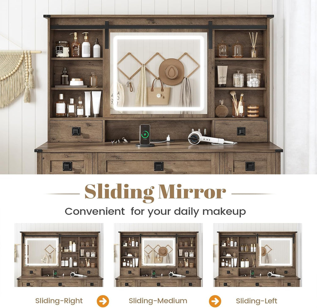 AOGLLATI Farmhouse Makeup Vanity Desk with Lights & Charging Station,Vanity Desk with Mirror and Lights, 47.2' Large Brown Vanity Table with Ample Storage Space and Sliding Mirror (Oak Brown)