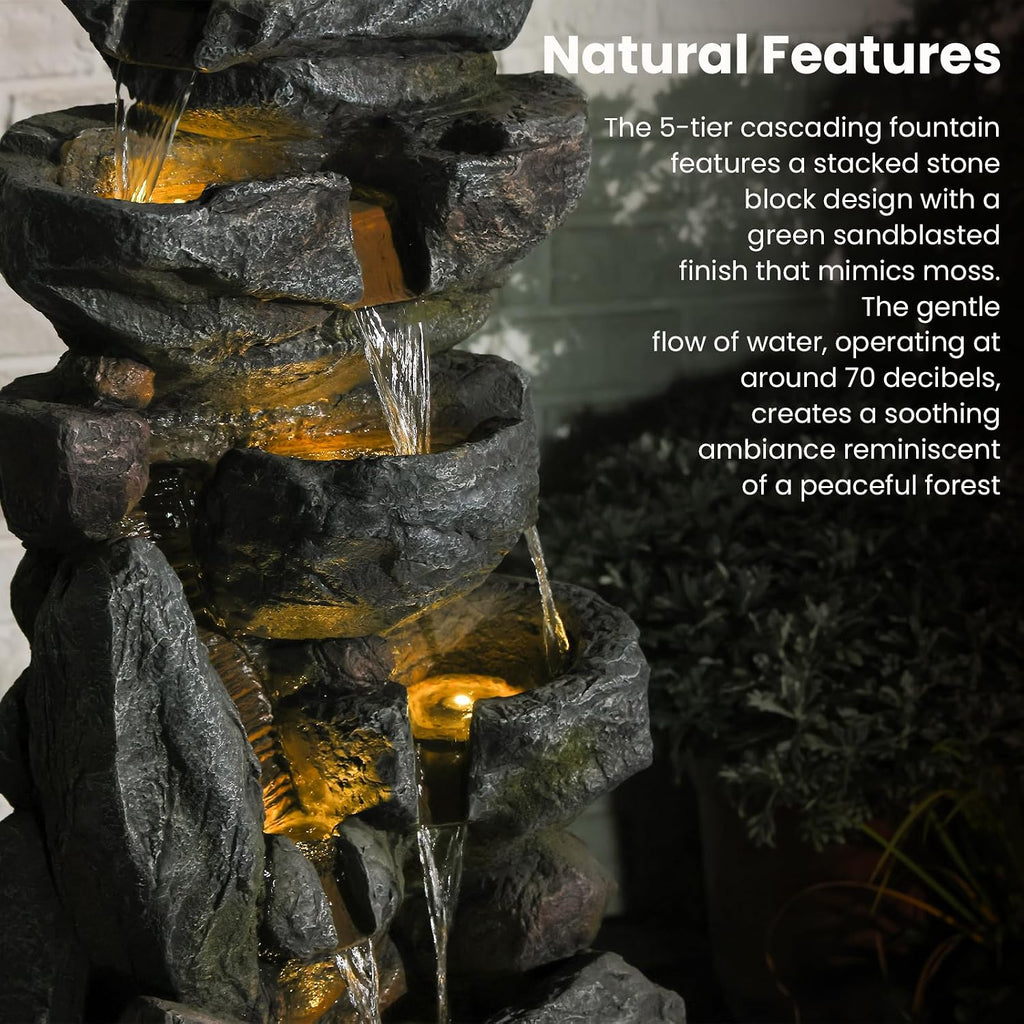 The 5-Tiered Rock Water Fountain Outdoor&Indoor, 31.5''H Floor-Standing Garden Fountains, Stone Feature and Waterfall with Lights for Patio, Backyard, Deck, Porch, Home DéCor, Gray