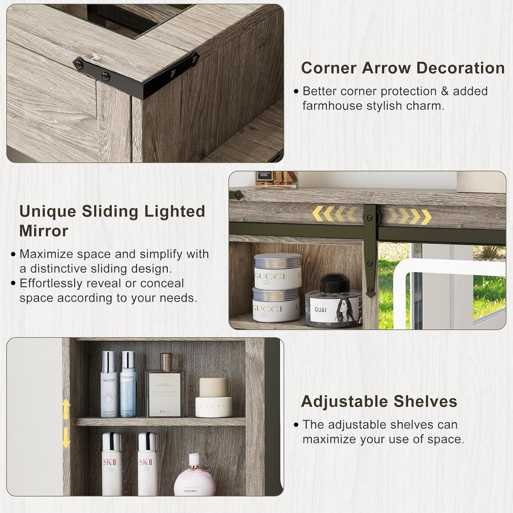 Farmhouse Makeup Vanity Desk with Sliding Mirror and Lights, 42' Glass Top Vanity Table with Charging Station & 4 Drawers & 2 Cabinets, Vintage Vanity Set for Bedroom, Driftwood Gray