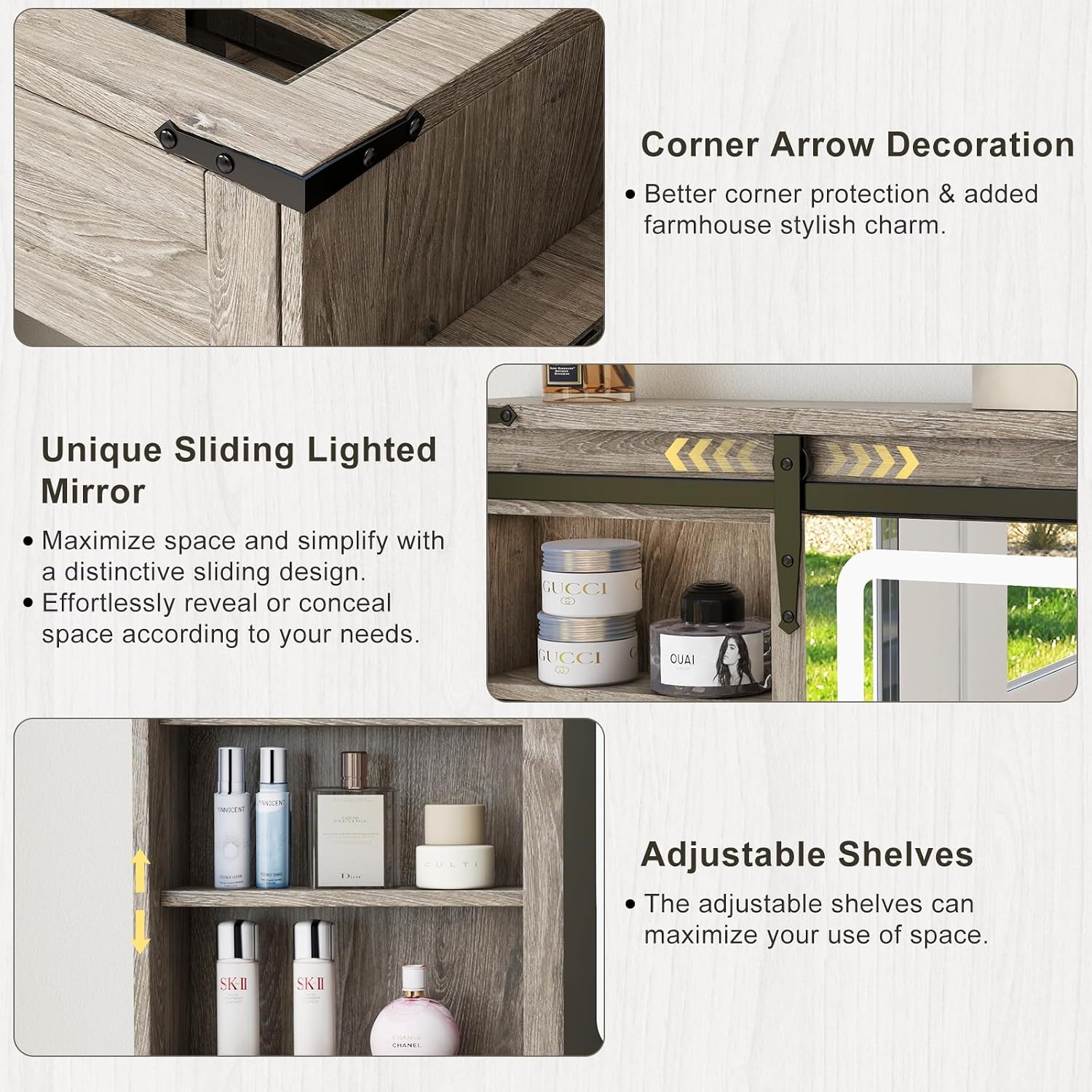 Farmhouse Makeup Vanity Desk with Sliding Mirror and Lights, 42' Glass Top Vanity Table with Charging Station & 4 Drawers & 2 Cabinets, Vintage Vanity Set for Bedroom, Driftwood Gray