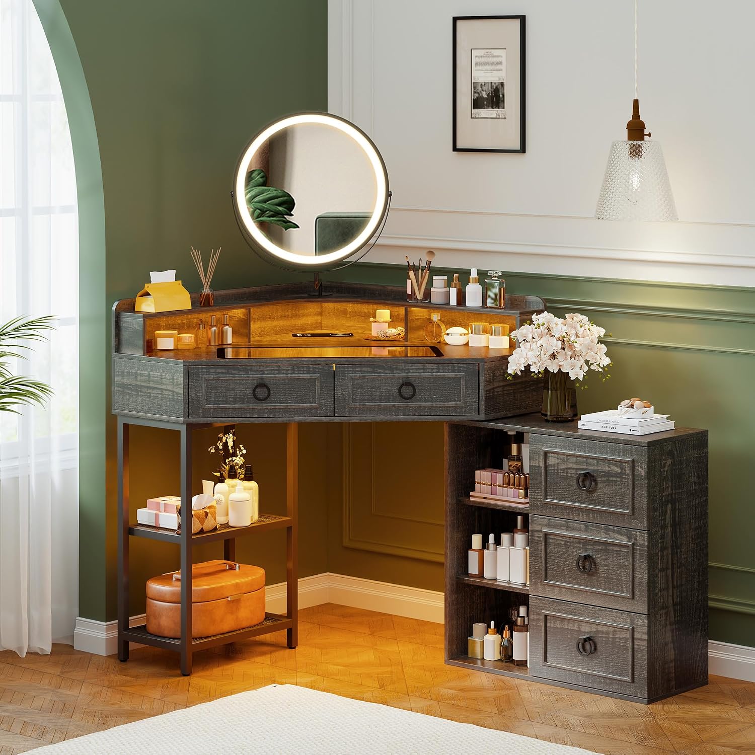Lvifur Corner Vanity Desk with Mirror and Lights,Brown Corner Makeup Vanity with Charging Station, 3 Color Led Light Settings, 5 Drawers, and Open Shelves for Bedroom, Women, and Girls