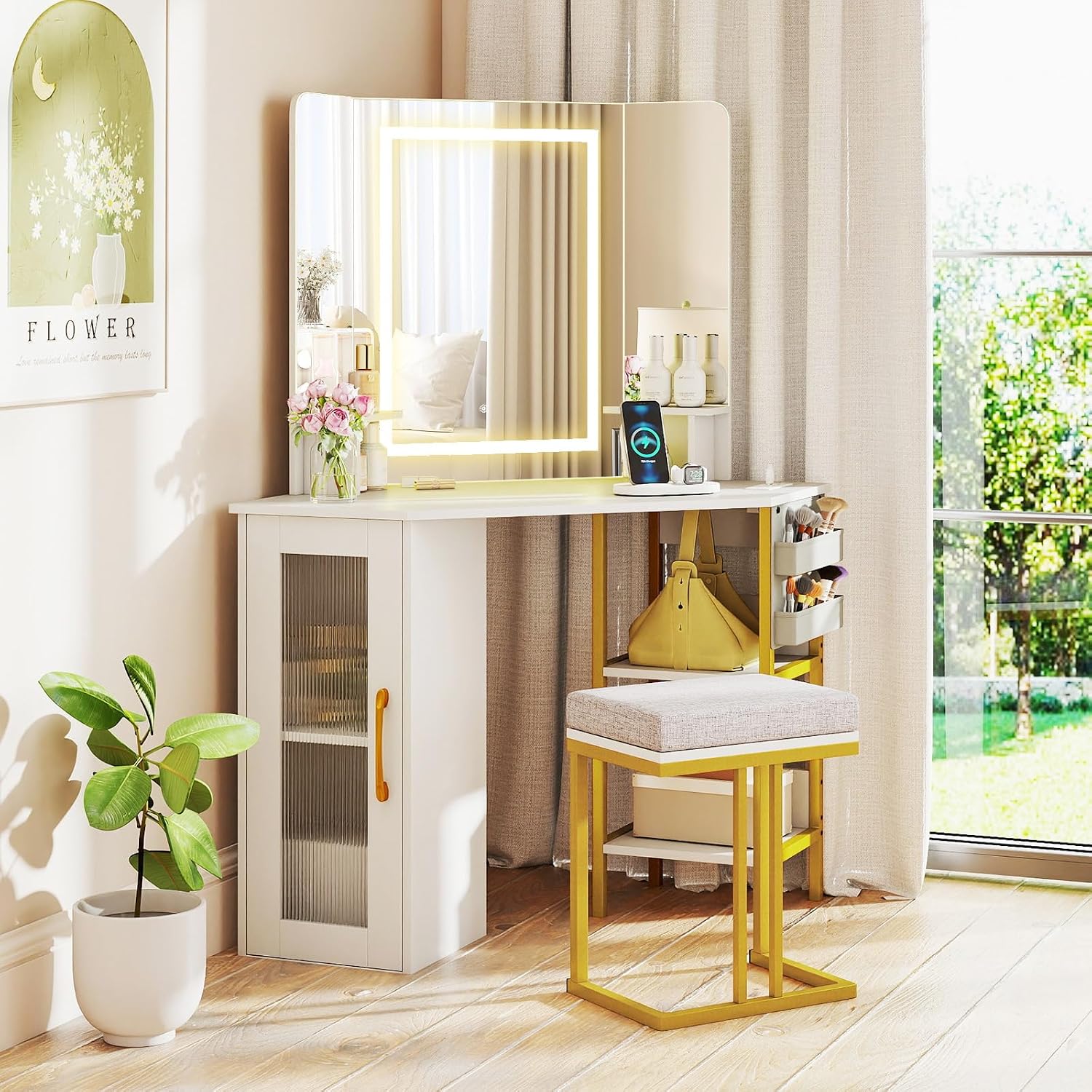 CHARMAID Corner Vanity Desk with Lighted Tri-Fold Mirror, Makeup Table with Charging Station, Fluted Door Cabinet, Storage Shelves, Space Saving Dressing Table with Stool for Bedroom, White & Gold