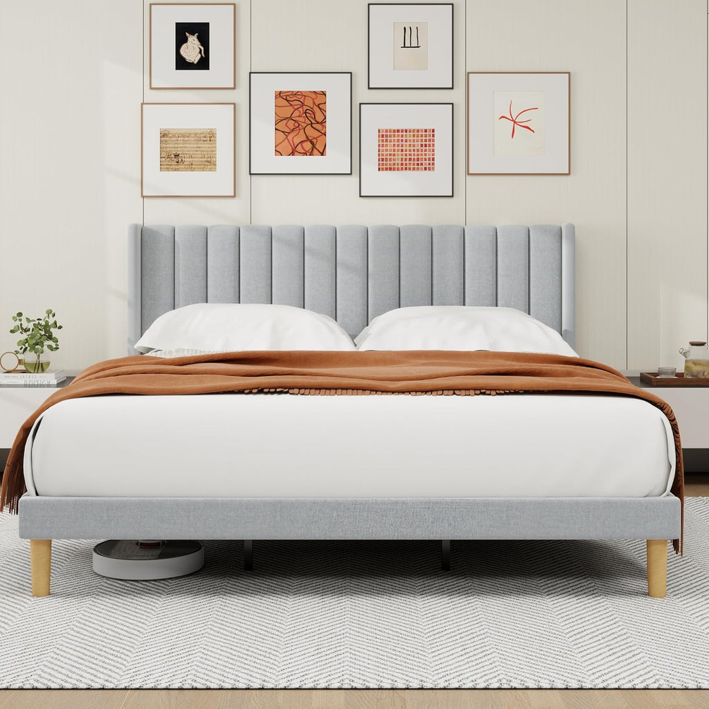 alazyhome Platform Bed Frame King Size with Upholstered Headboard, Solid Wood Slats Support, No Box Spring Needed, Noise Free, Easy Assembly, Modern Fabric Bed, Light Grey