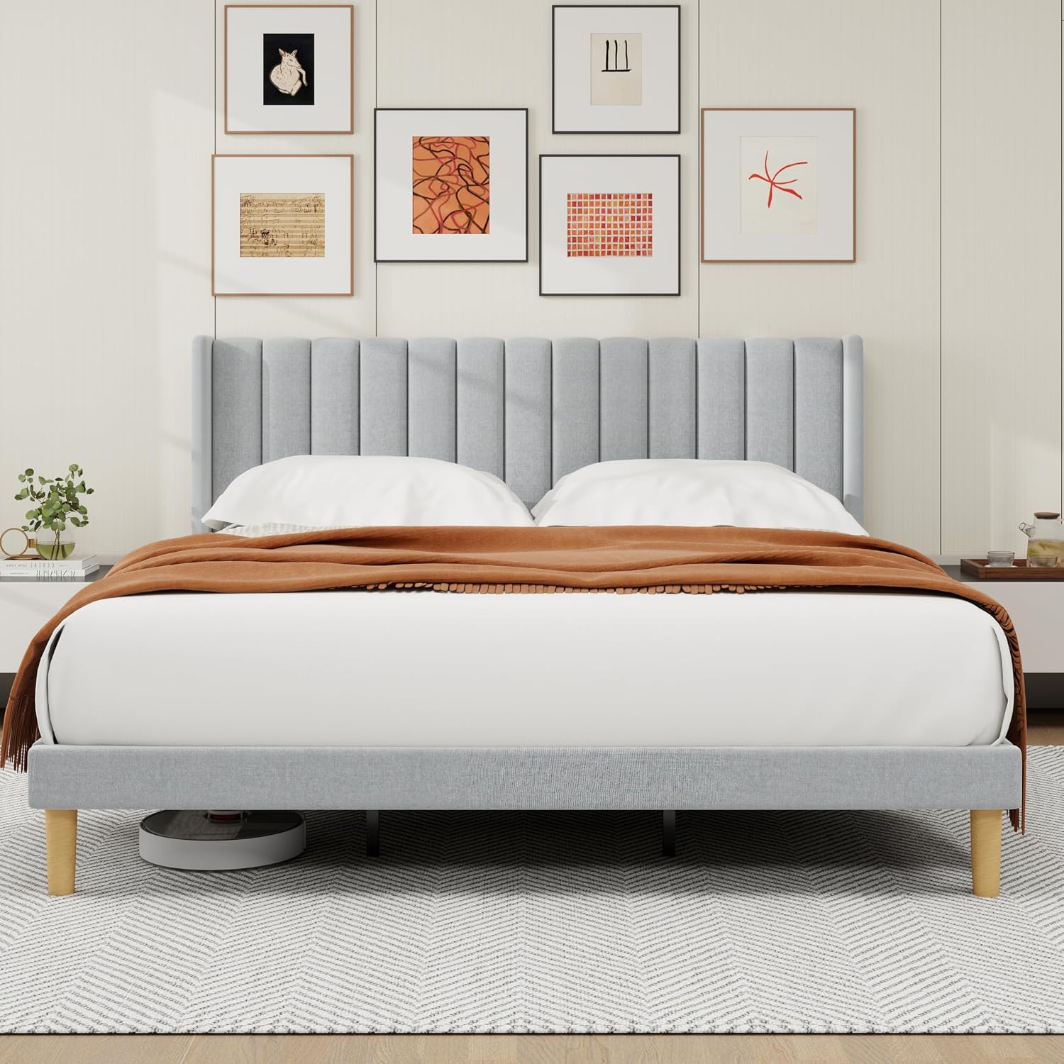 alazyhome Platform Bed Frame King Size with Upholstered Headboard, Solid Wood Slats Support, No Box Spring Needed, Noise Free, Easy Assembly, Modern Fabric Bed, Light Grey