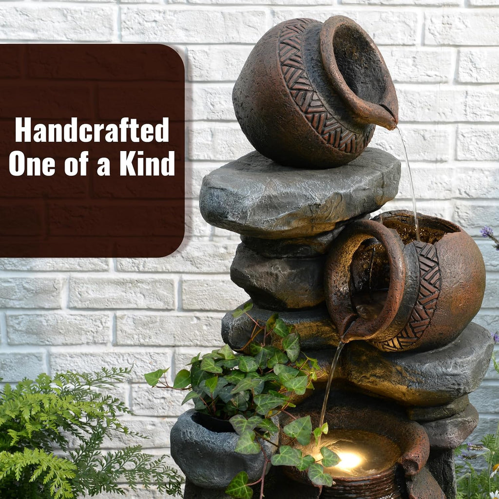 Rustic Jar Outdoor Water Fountain with Planter 38.5' Large Tiered Waterfall with Warm LED Lights, Handcrafted Resin Fountain for Zen Garden, Deck & Indoor Home Decor