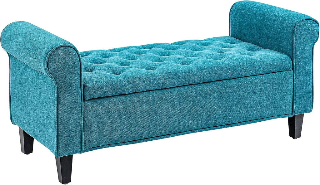 50' Storage Ottoman Bench, Upholstered End of Bed Bench with Rolled Arms, Wood Legs, Button Tufted Storage Bench with Safety Hinges for Living Room, Entryway, Bedroom, Teal