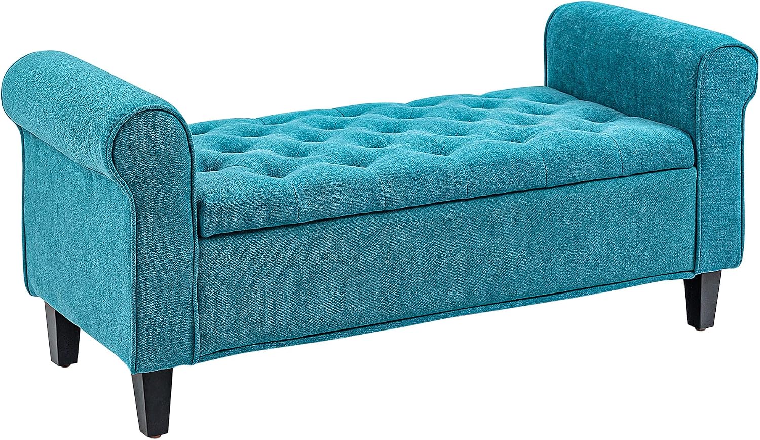 50' Storage Ottoman Bench, Upholstered End of Bed Bench with Rolled Arms, Wood Legs, Button Tufted Storage Bench with Safety Hinges for Living Room, Entryway, Bedroom, Teal