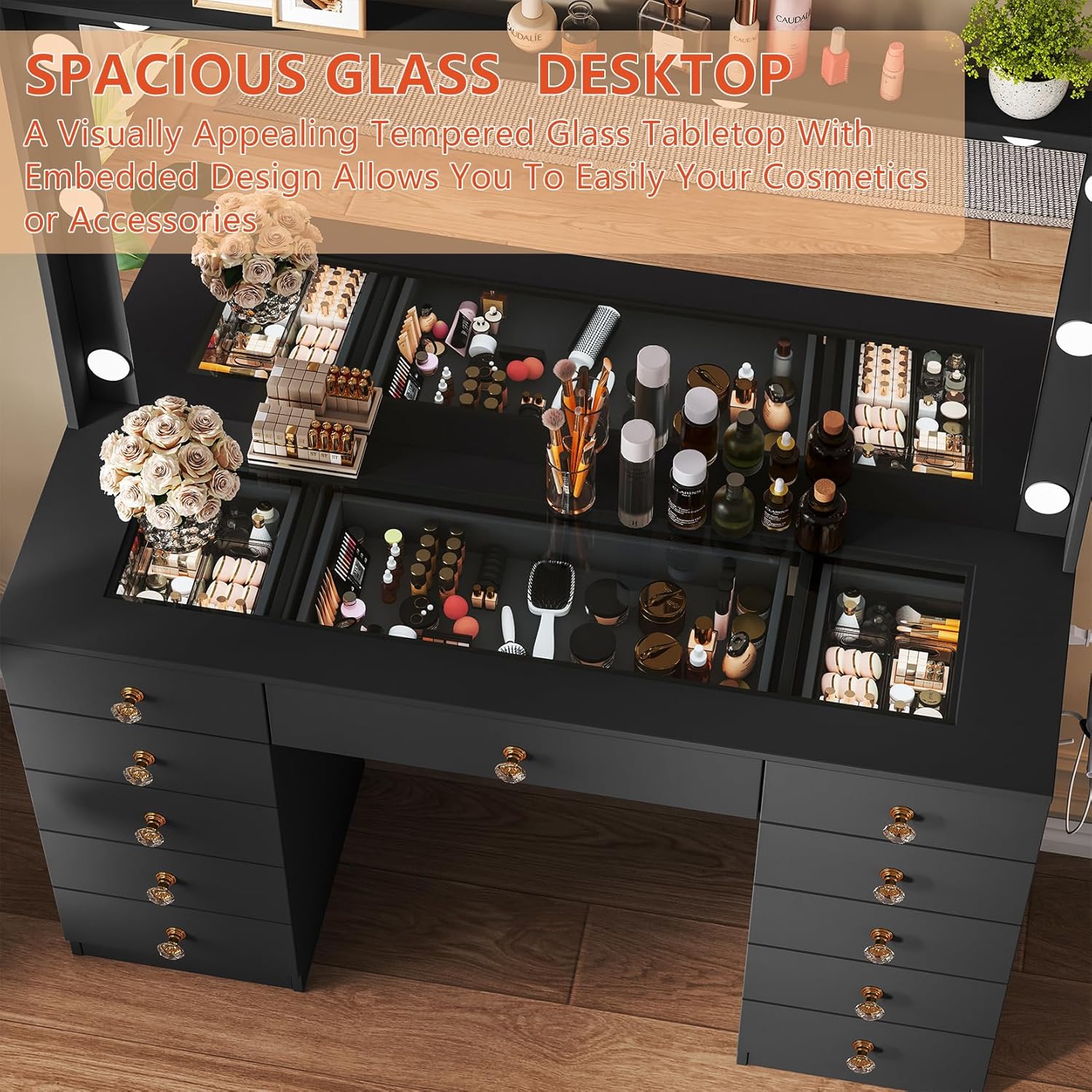 Vanity with Large Mirror and 10 LED Lights, Vanity Desk with Glasss Top, Makeup Desk with 11 Drawers & Power Outlet & Hair Dryer Stand, Dressing Table with Crystal Handles for Girls, Women (Black)