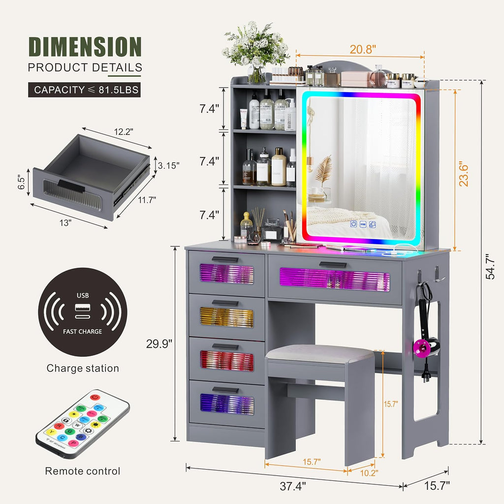 Vanity Desk with Mirror and Adjustable RGB Lights,Large 6 Drawers Makeup Table with Charging Station for Women and Girls, Bedroom or Dorm,Grey