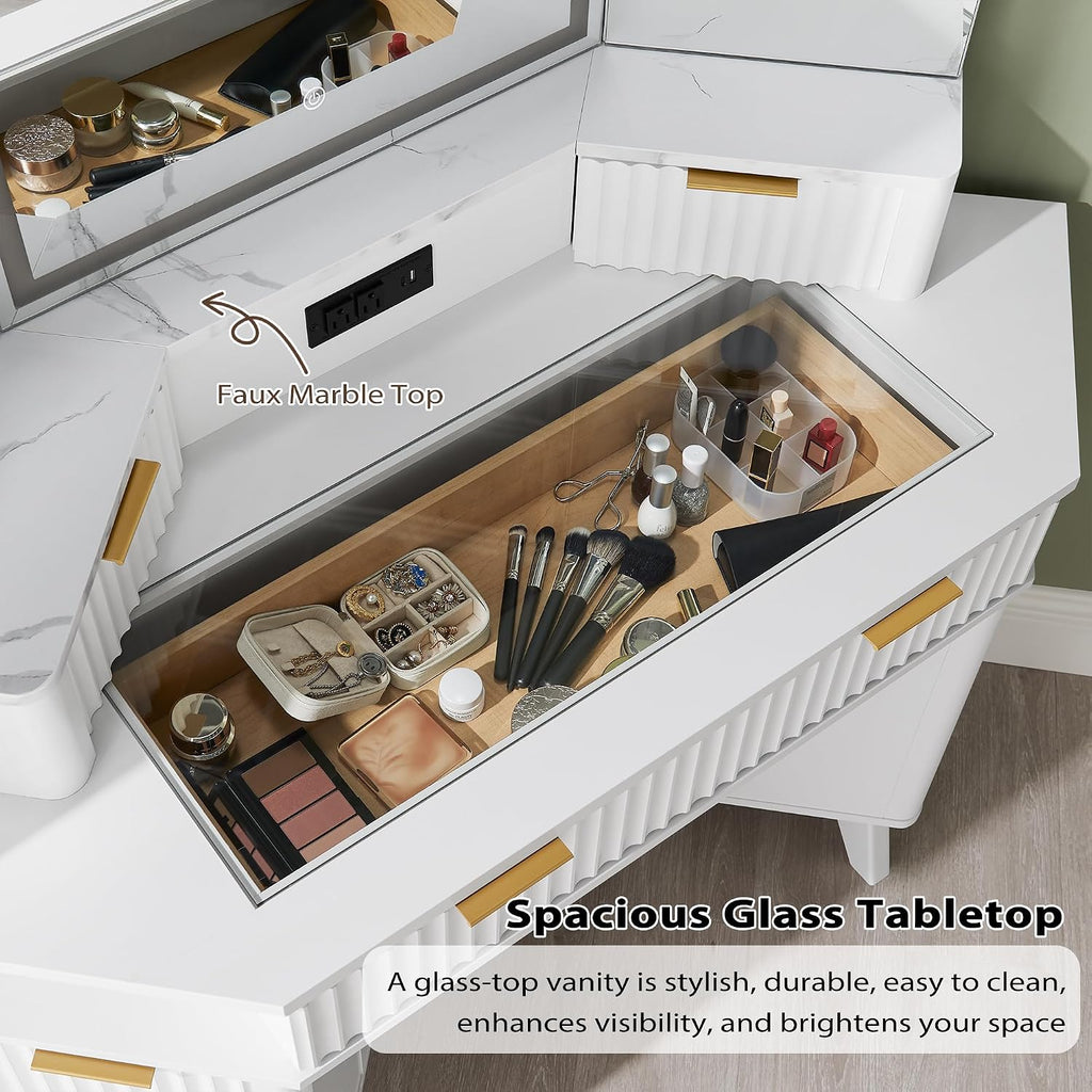 T4TREAM Fluted Makeup Vanity Desk with 3 Way Mirror and Lights, 48' Large Corner Vanity Table with Glass Top, Charging Station, 3 Drawers, Storage Cabinets & Shelves, for Bedroom, Solid White