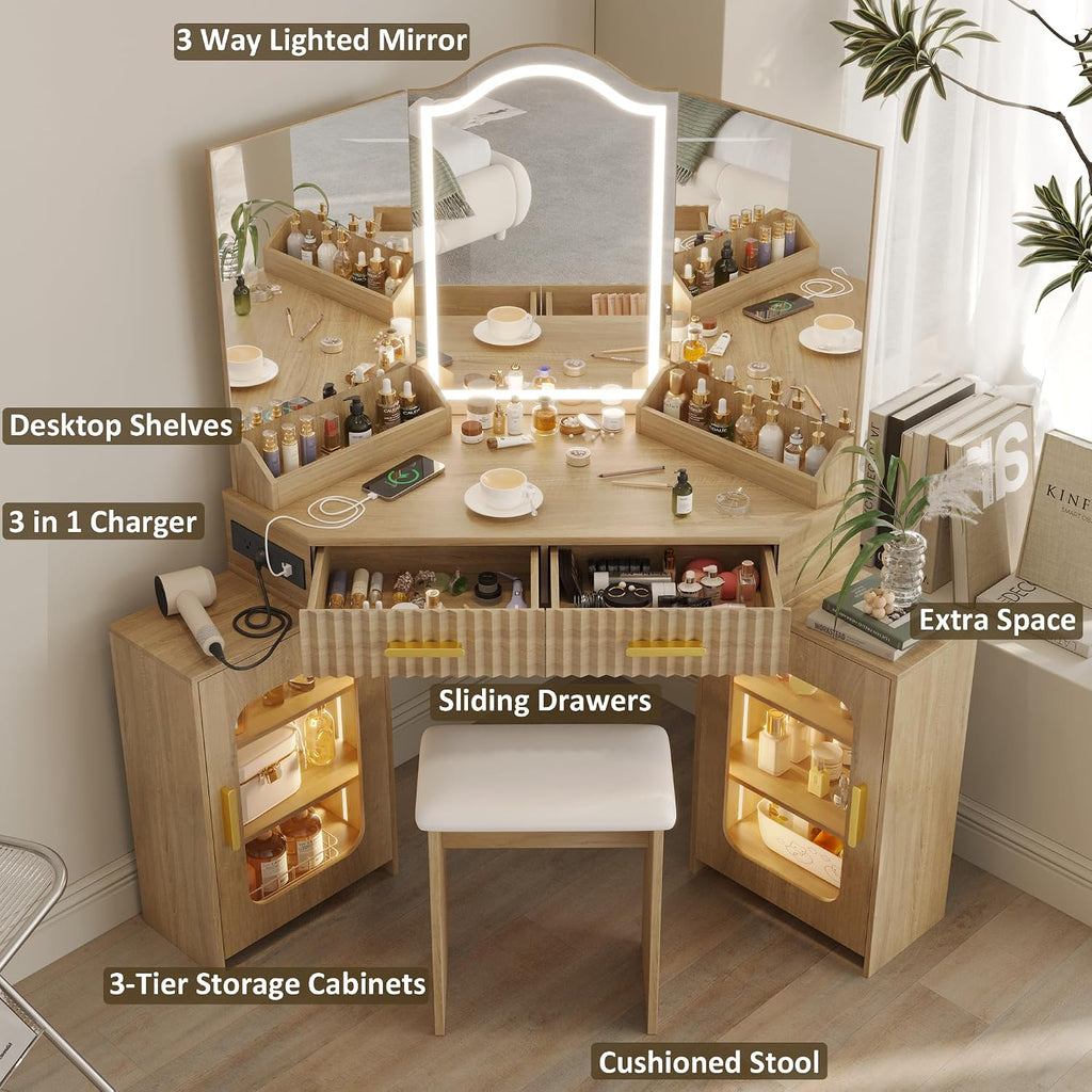 Corner Vanity Desk with 3 Way Mirror & LED Lights, Makeup Table Set with Charging Station, Storage Drawers & Side Cabinets, Modern Bedroom Dressing Table for Women & Girls Birthday Gift