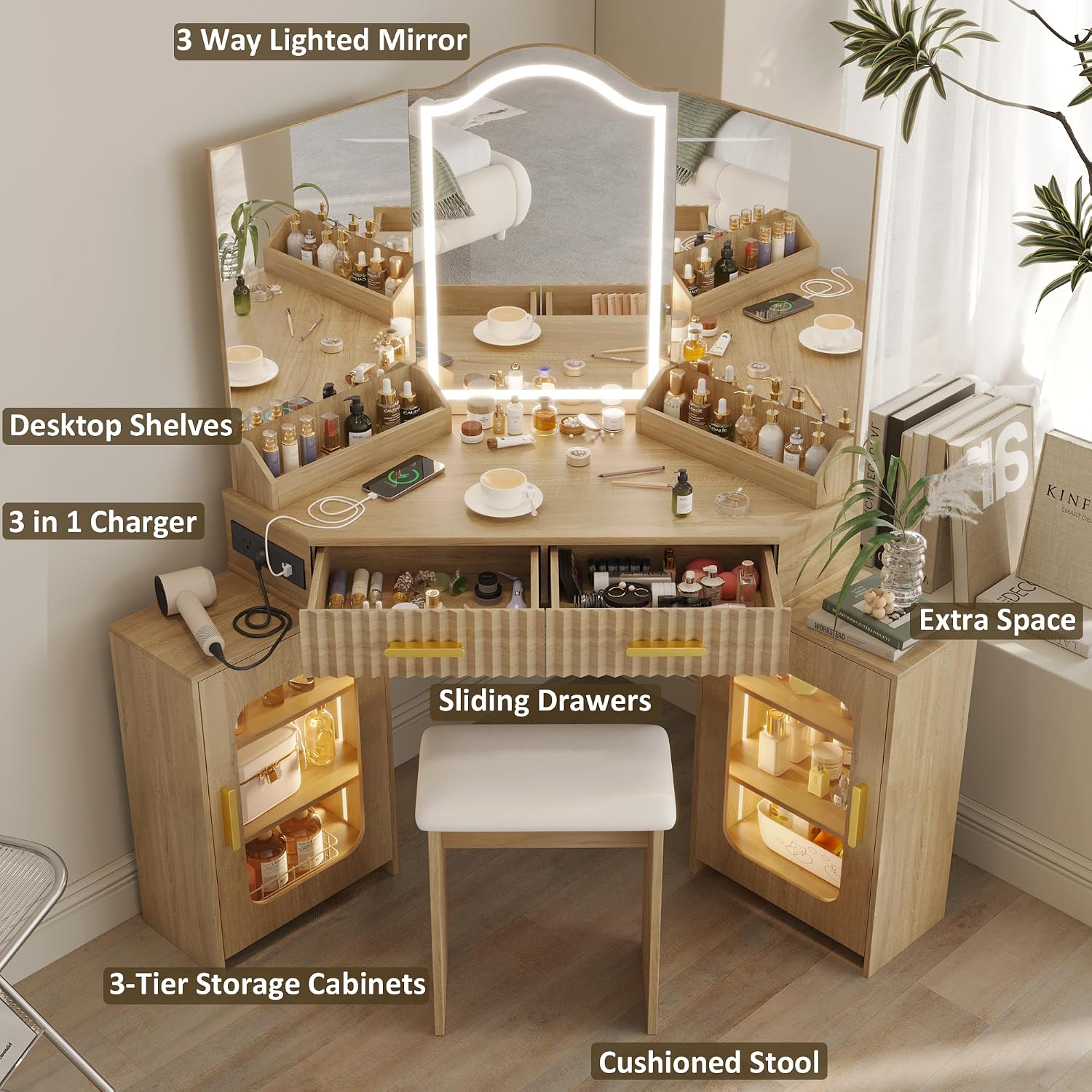 Corner Vanity Desk with 3 Way Mirror & LED Lights, Makeup Table Set with Charging Station, Storage Drawers & Side Cabinets, Modern Bedroom Dressing Table for Women & Girls Birthday Gift
