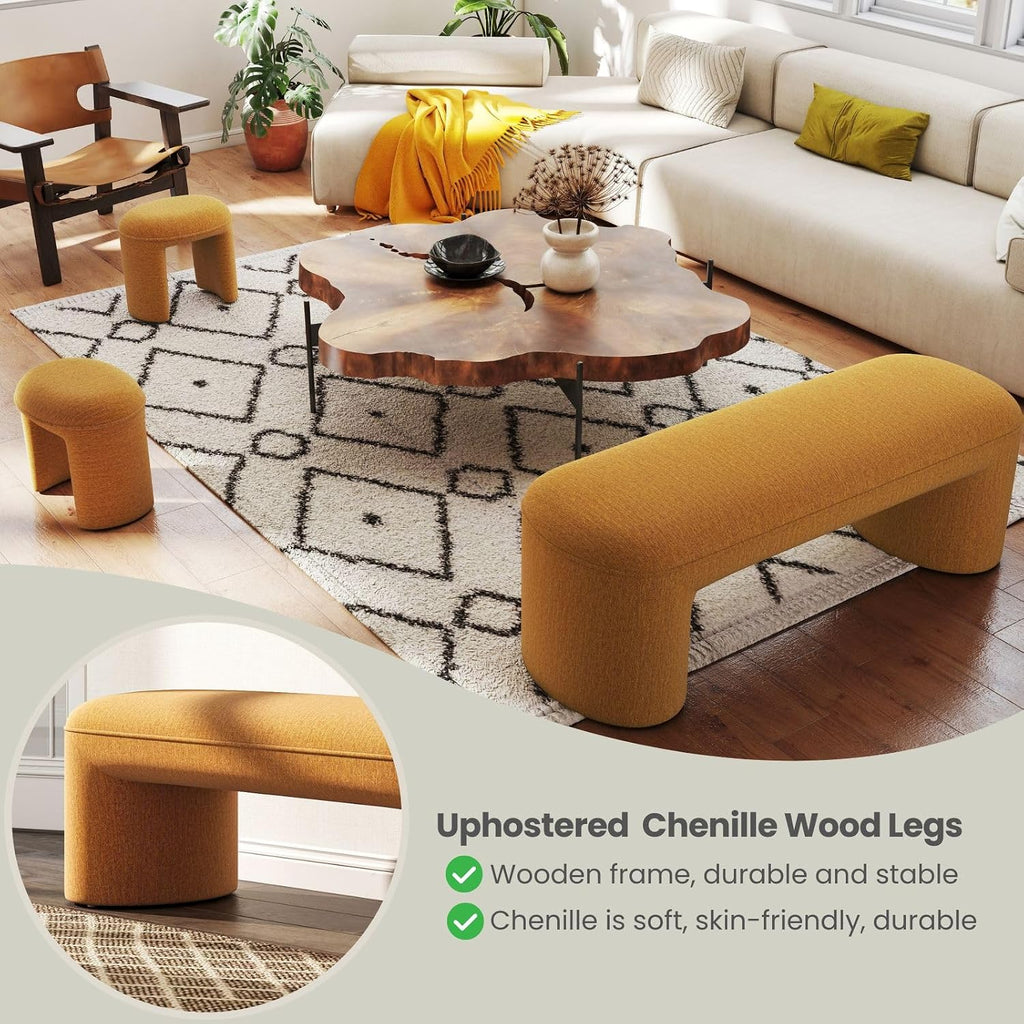 3-Piece Nesting Ottoman Bench Set, 53' Chenille Upholstered End of Bed Bench with 2 Foot Stools, Modern Space-Saving Entry & Vanity Stools for Living Room & Bedroom, Mustard Yellow