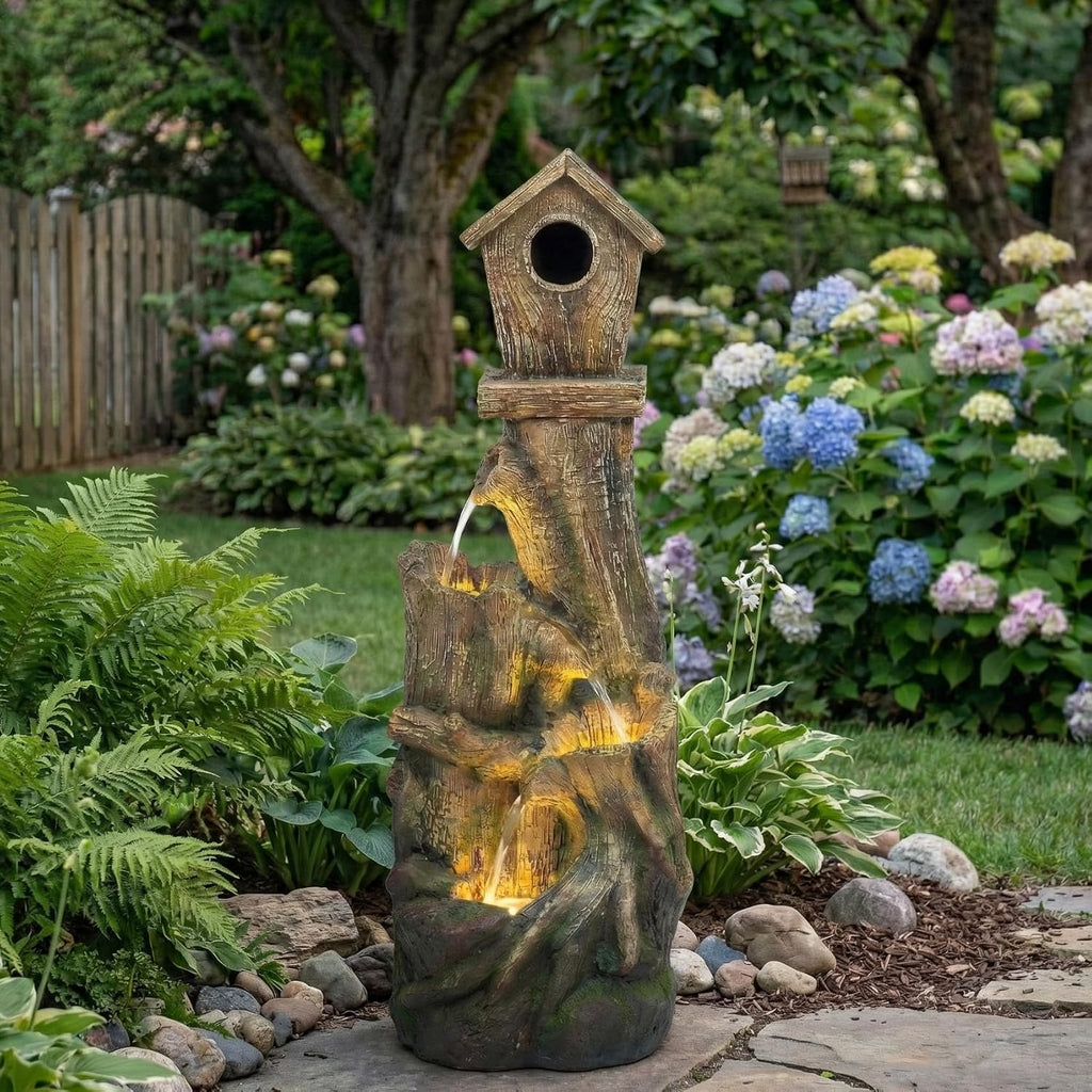Outdoor Water Fountain with LED Lights – Charming Garden Patio Water Feature, Rustic Design, Weather-Resistant Fiberglass, Perfect for Backyards Outdoor Garden and Entryways