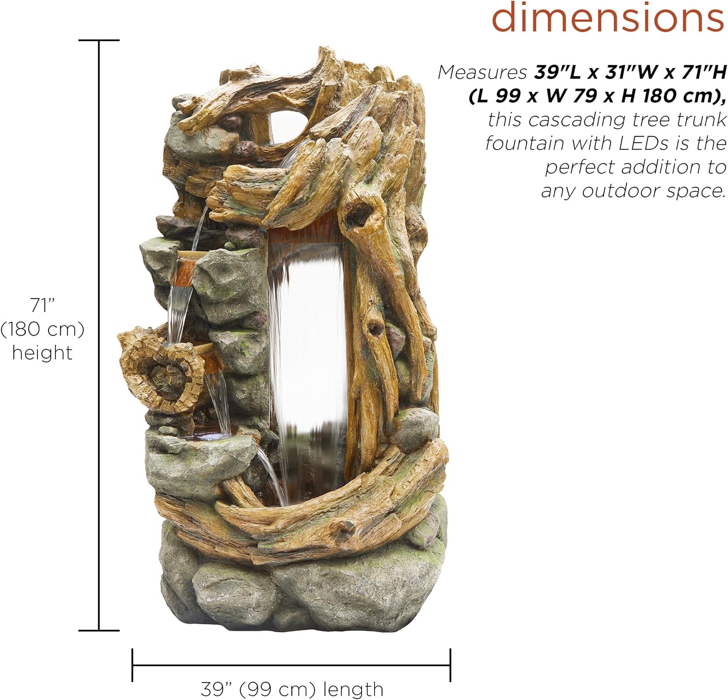 Alpine Corporation TZL404 71' Cascading Tree Trunk Fountain with LED Lights, Outdoor Waterfall Water Feature for Garden, Patio, Lawn & Backyard Decor, Relaxing Water Feature with Rustic Design