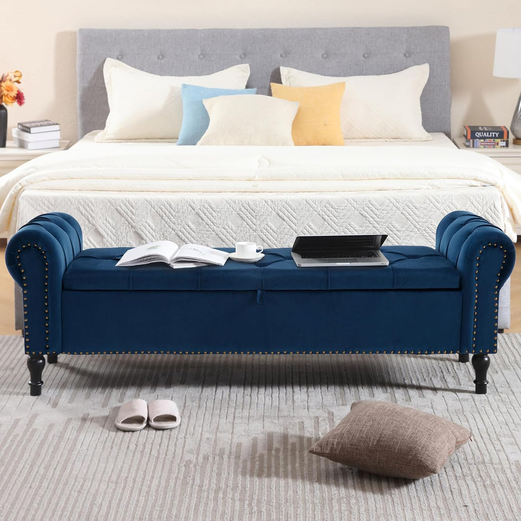 Velvet Storage Bench 67 Inch Upholstered Tufted Ottoman Bench with Arms Large Storage Space King Size End of Bed Bench for Bedroom Living Room Entryway Navy Blue