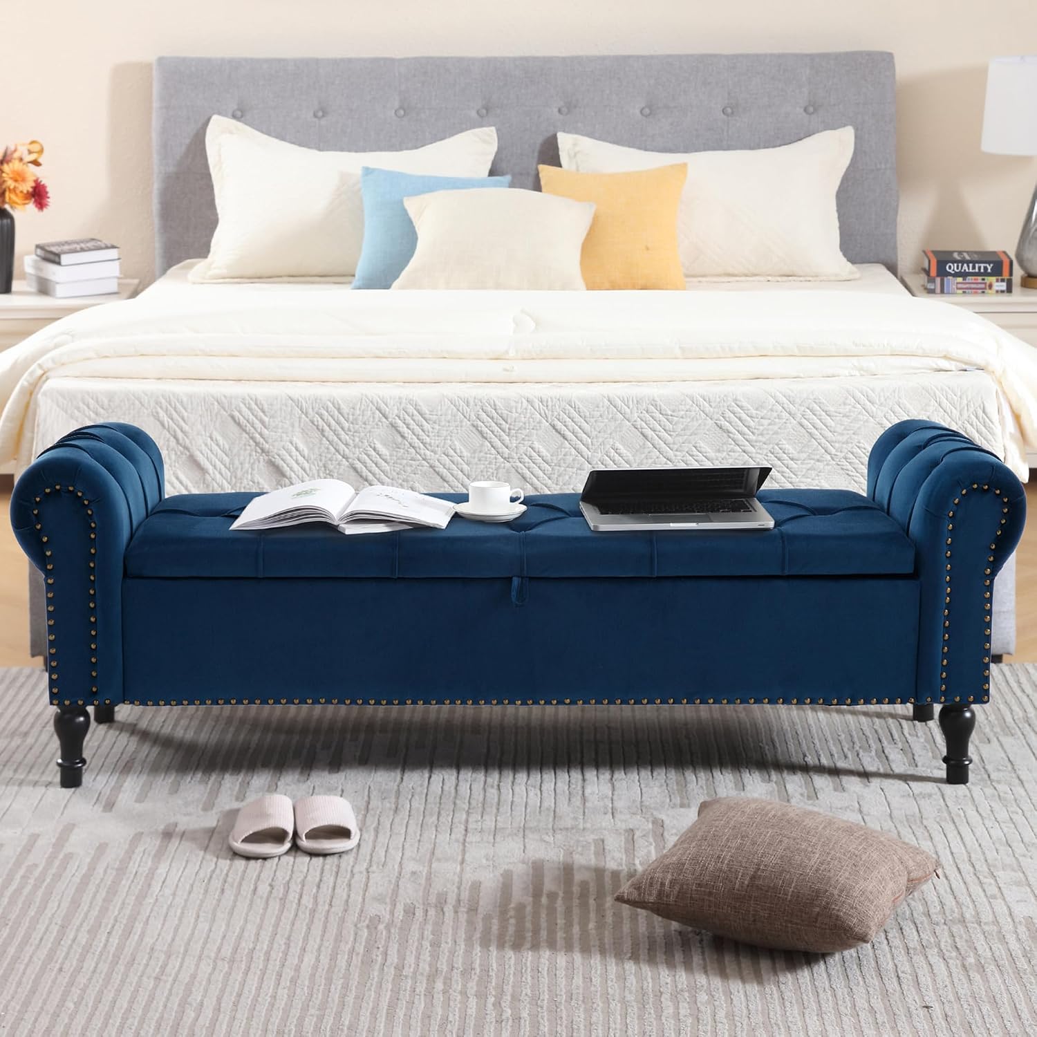 Velvet Storage Bench 67 Inch Upholstered Tufted Ottoman Bench with Arms Large Storage Space King Size End of Bed Bench for Bedroom Living Room Entryway Navy Blue