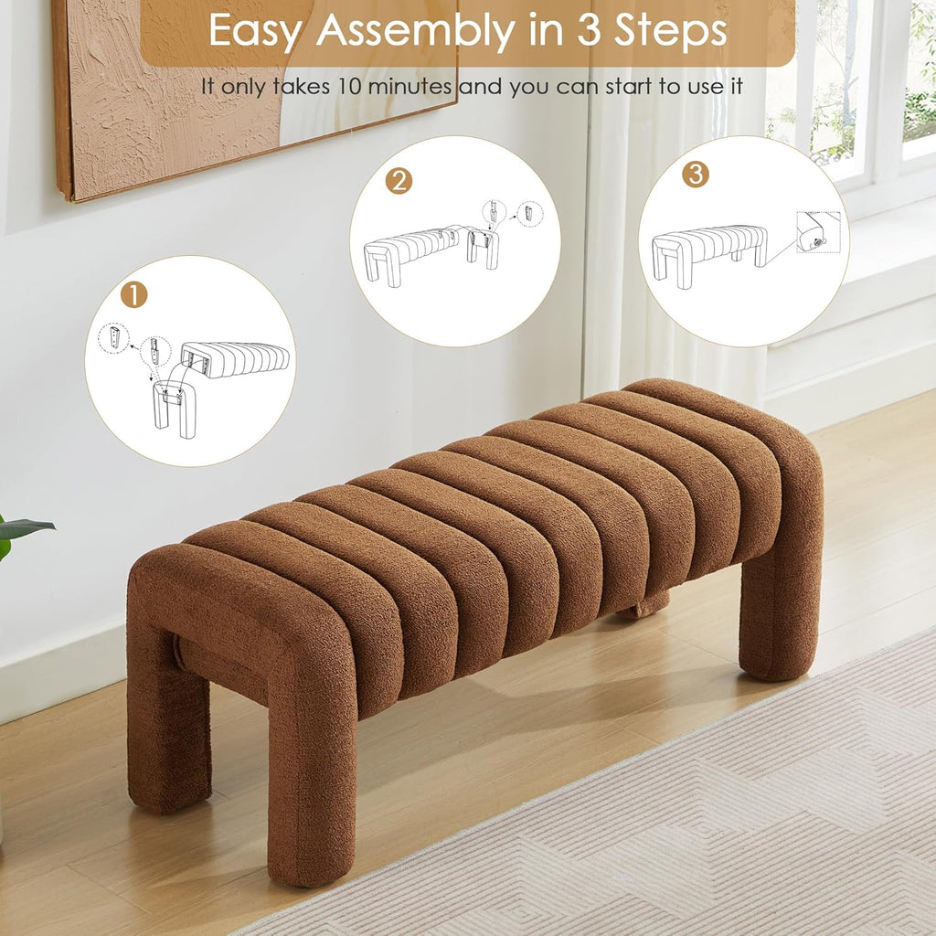 43' Upholstered Boucle Bench Bedroom, Padded Ottoman Bench, Sherpa Window Seat for Living Room Entryway End of Bed, Rust Brown