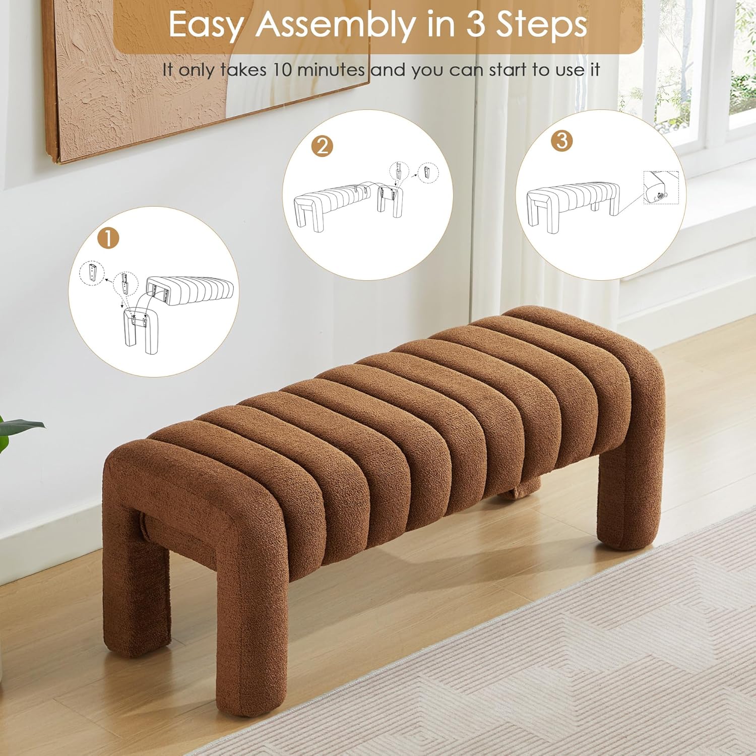 43' Upholstered Boucle Bench Bedroom, Padded Ottoman Bench, Sherpa Window Seat for Living Room Entryway End of Bed, Rust Brown