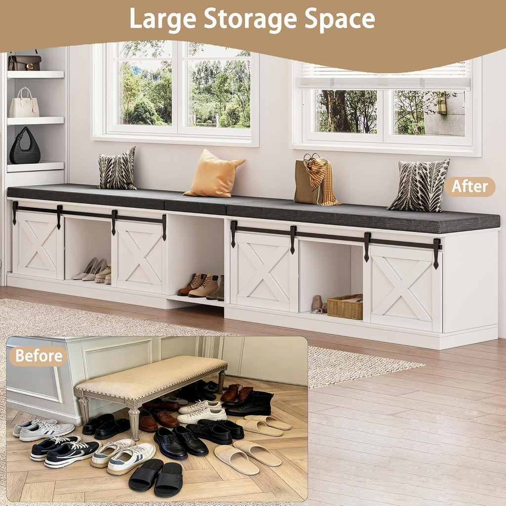 Farmhouse L Shaped Corner Shoe Storage Bench, Corner Bench with Cushion and Sliding Barn Door, 63' Breakfast Nook Benches with Hidden Storage for Entryway, Dining Room, Hallway