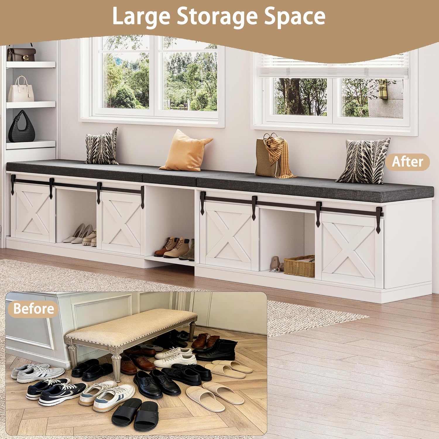 Farmhouse L Shaped Corner Shoe Storage Bench, Corner Bench with Cushion and Sliding Barn Door, 63' Breakfast Nook Benches with Hidden Storage for Entryway, Dining Room, Hallway