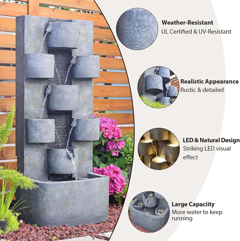 Bumilgar 44.8' H Modern Outdoor Water Fountain with LED Lights and Pump, Mutiply-Tier Standing Cascading Waterfall - Modern Design for Garden,Patio,Yard, Multi-Level Outdoor Decor (Gray)
