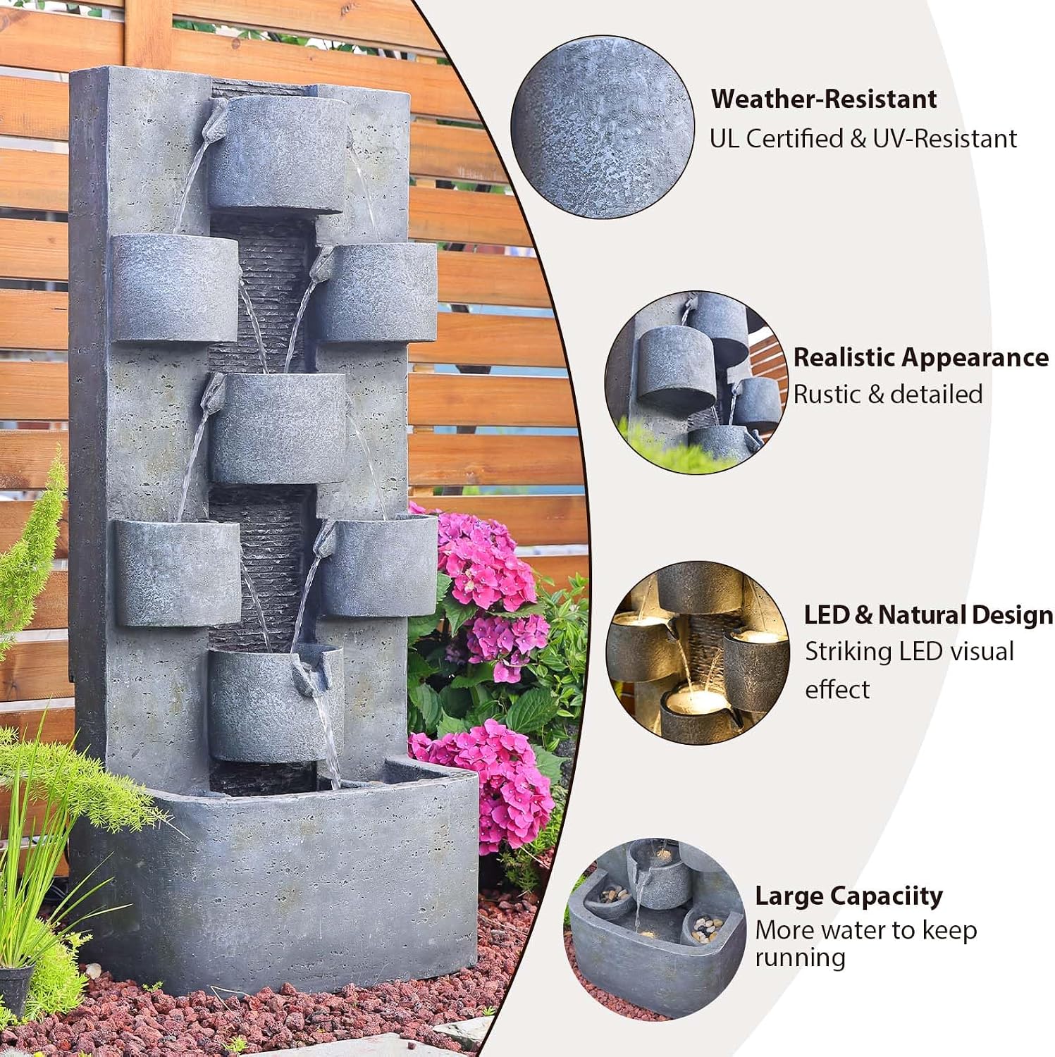 Bumilgar 44.8' H Modern Outdoor Water Fountain with LED Lights and Pump, Mutiply-Tier Standing Cascading Waterfall - Modern Design for Garden,Patio,Yard, Multi-Level Outdoor Decor (Gray)