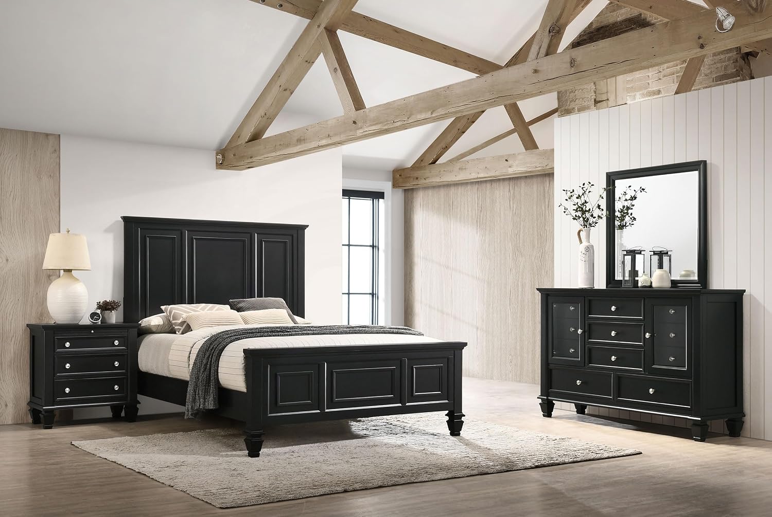 Coaster Home Furnishings Sandy Beach Coastal 4-Piece Bedroom Set Queen Size Panel Bed Frame 63-inch Headboard Black 201321Q-S4