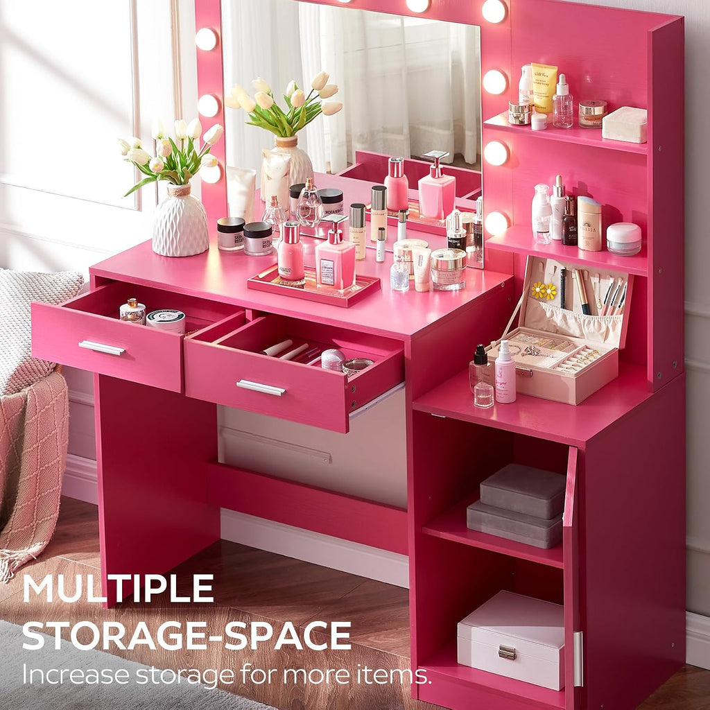 MIRROTOWEL 46.7' Vanity Desk with Mirror & LED Lights, Dressing Table with 2 Large Drawers & Vertical Organizer, 3-Tier Storage, 3 Adjustable Lighting Modes, Makeup Desk for Bedroom