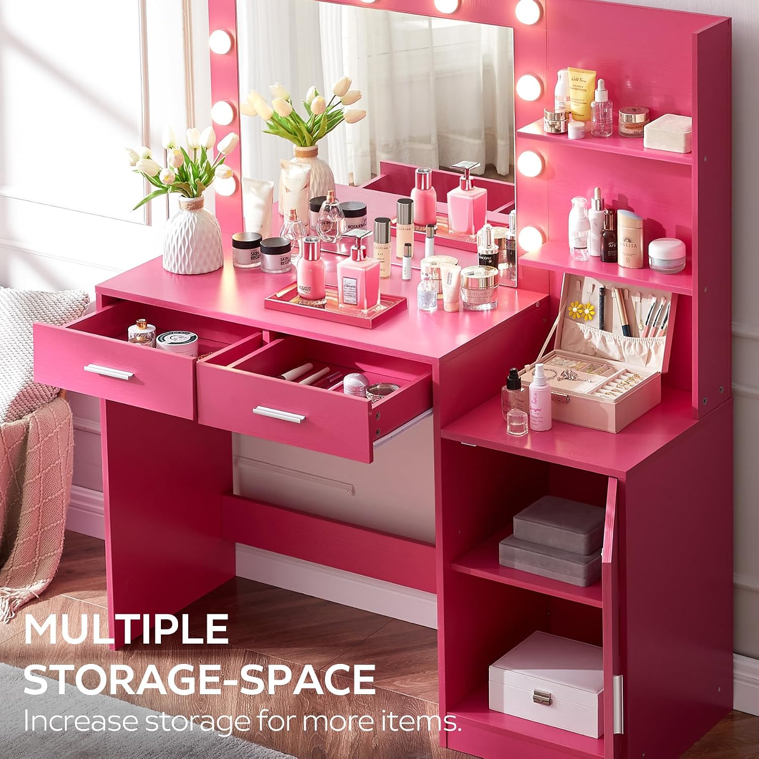 MIRROTOWEL 46.7' Vanity Desk with Mirror & LED Lights, Dressing Table with 2 Large Drawers & Vertical Organizer, 3-Tier Storage, 3 Adjustable Lighting Modes, Makeup Desk for Bedroom