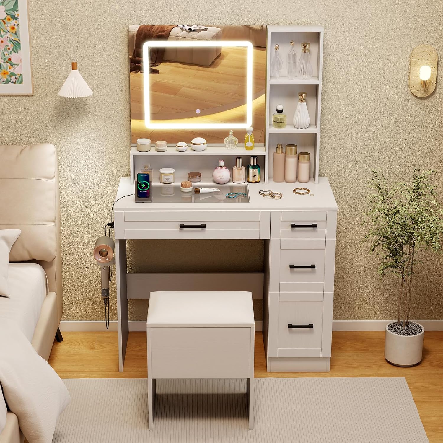 CHARMAID Vanity Desk with Mirror and Lights, Glass Top Makeup Vanity Table with Charging Station, Drawers & Shelves, Storage Stool, 3-Color Lighted Mirror, Modern White Dressing Table for Bedroom