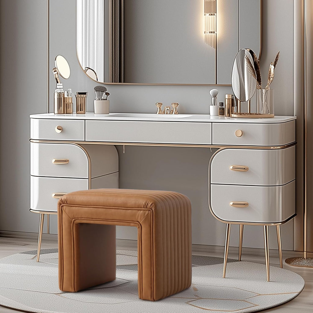 Get Set Style Vanity Stool Chair,Modern Leather Ottoman Foot Stool with Wooden Legs Sofa Bench Footstool Extra Seat for Vanity,Makeup Room,Living Room,Entryway,Office (Fully Assembled)