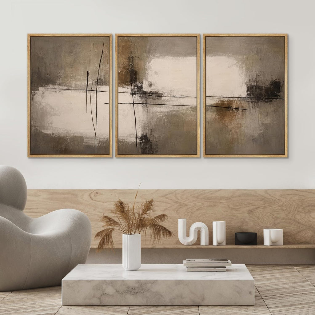SIGNWIN Framed Canvas Print Wall Art Set Modern Neutral Abstract Lines Minimalist Taupe and Black Geometric Illustrations Modern Art Decorative for Living Room, Bedroom, Office - 16'x24'x3 Natural