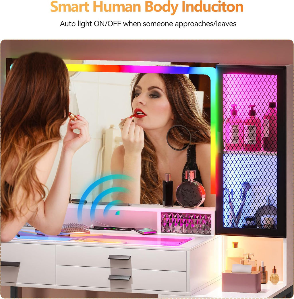RGB Vanity Desk with Mirror and Lights, 7 Dynamic & 24 Static Dimmable Makeup Vanity Set with Wireless/USB/Type C Charging, Dressing Table with Stool & 6 Drawers (White)