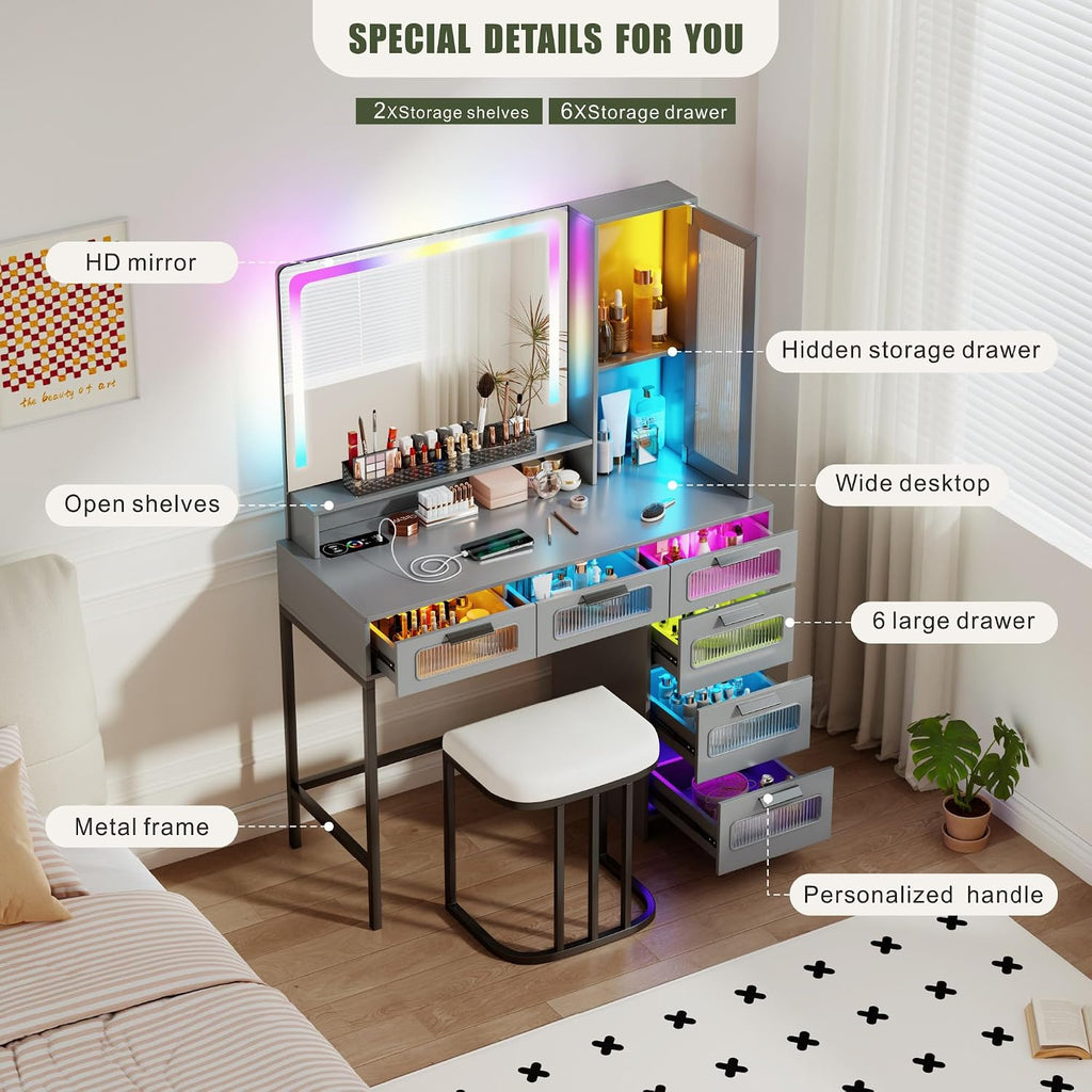 Vanity Desk with Mirror and RGB Lights, Makeup Vanity Desk with Wireless Charging Station,Large Dressing Table Set with Stool,LED Vanity Table with 6 Drawers/Cabinet/Shelves for Bedroom, Grey