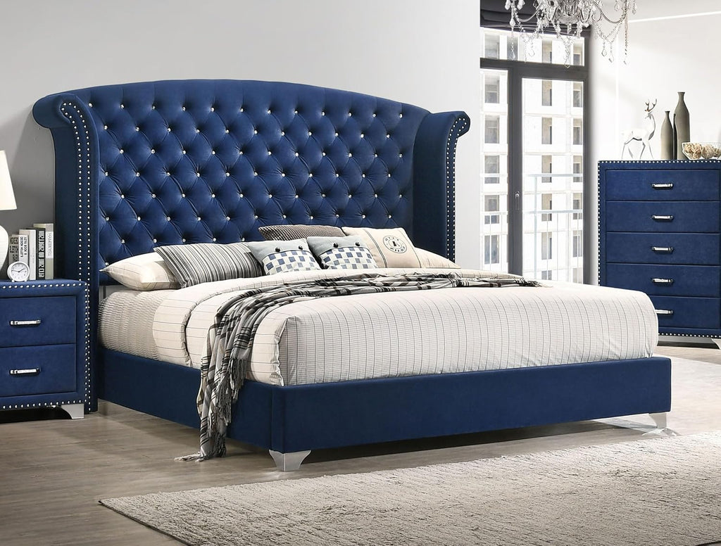 Coaster Home Furnishings - Melody - Wood - Upholstered Wingback California King Panel Bed with Button Tufting, Nail Head Trim, Chrome Legs, and Curved Headboard - Bedroom - Pacific Blue - 223371KW