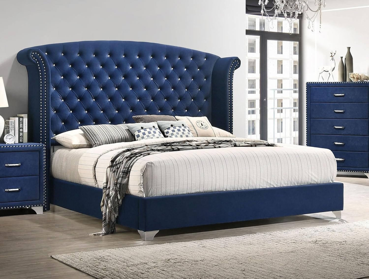 Coaster Home Furnishings - Melody - Wood - Upholstered Wingback California King Panel Bed with Button Tufting, Nail Head Trim, Chrome Legs, and Curved Headboard - Bedroom - Pacific Blue - 223371KW