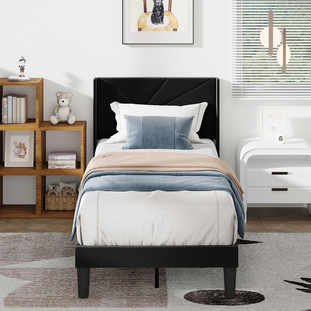 Twin Size Bed Frames with Upholstered Wingback Headboard, Easy Assemnly Platform Bed and Heavy Duty Wooden Slats Support, Noise-Free, No Box Spring Needed (Black, Twin)