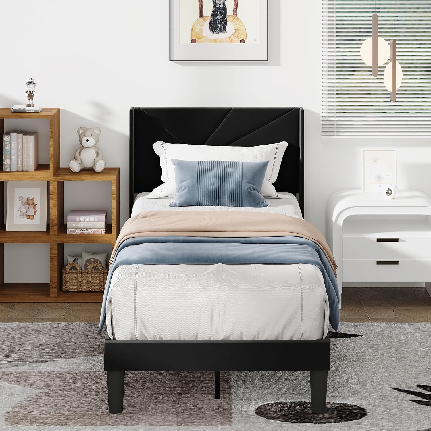 Twin Size Bed Frames with Upholstered Wingback Headboard, Easy Assemnly Platform Bed and Heavy Duty Wooden Slats Support, Noise-Free, No Box Spring Needed (Black, Twin)